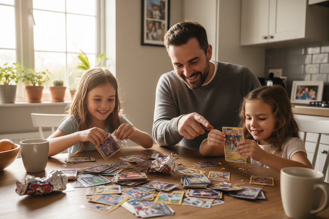 Dad with kids at the kitchen table ripping open packs of sports cards and pokemon cards